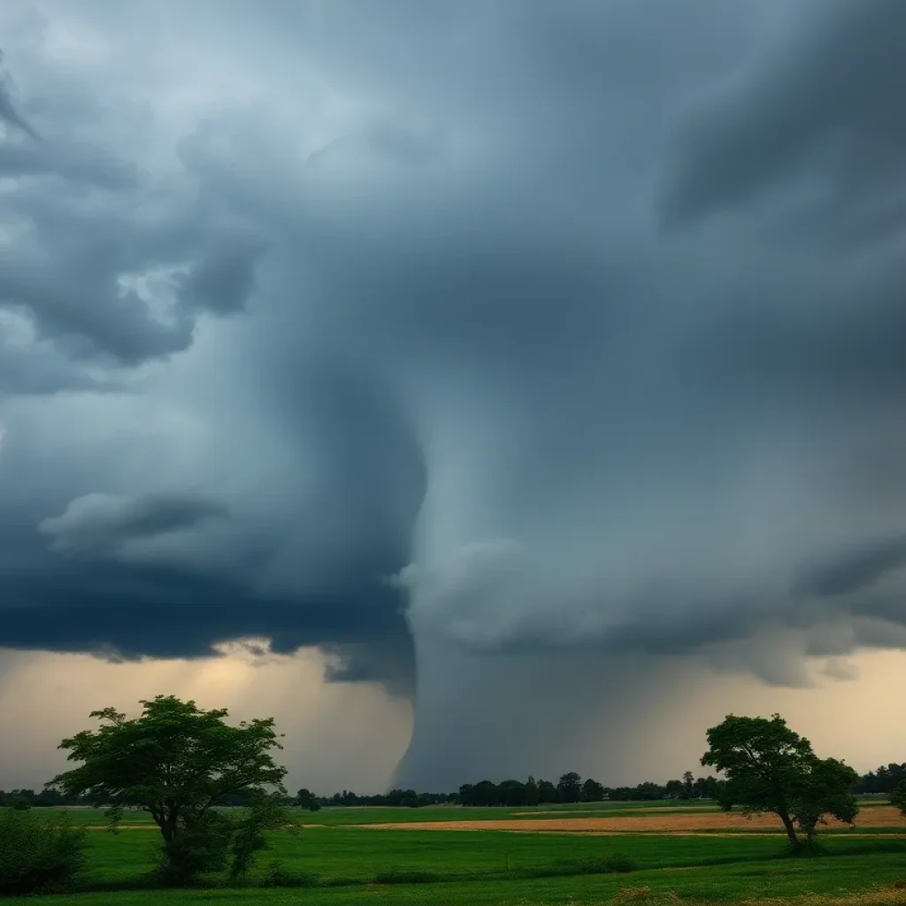 Dark storm clouds with a funnel cloud in a rural area