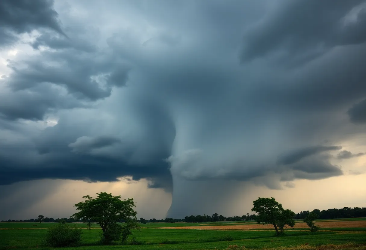 Dark storm clouds with a funnel cloud in a rural area