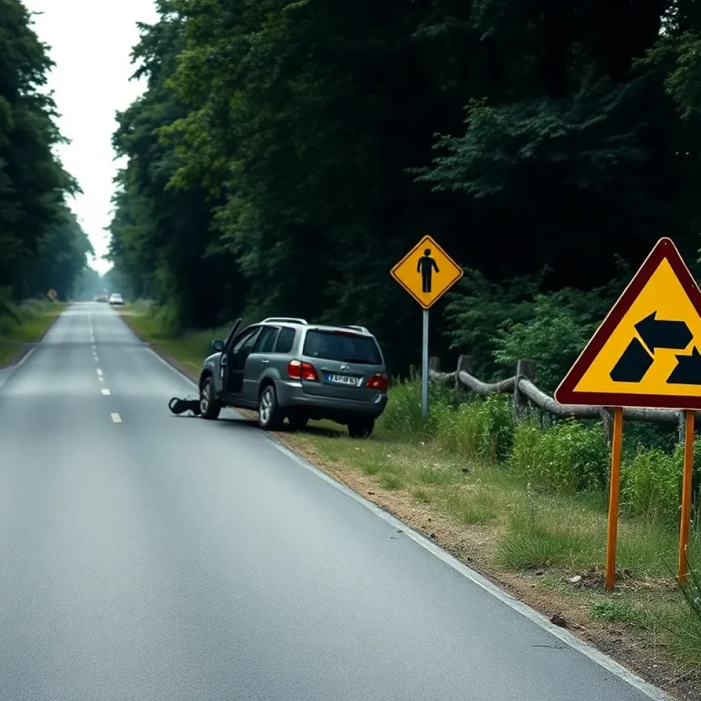 A rural road with caution signs highlighting traffic safety