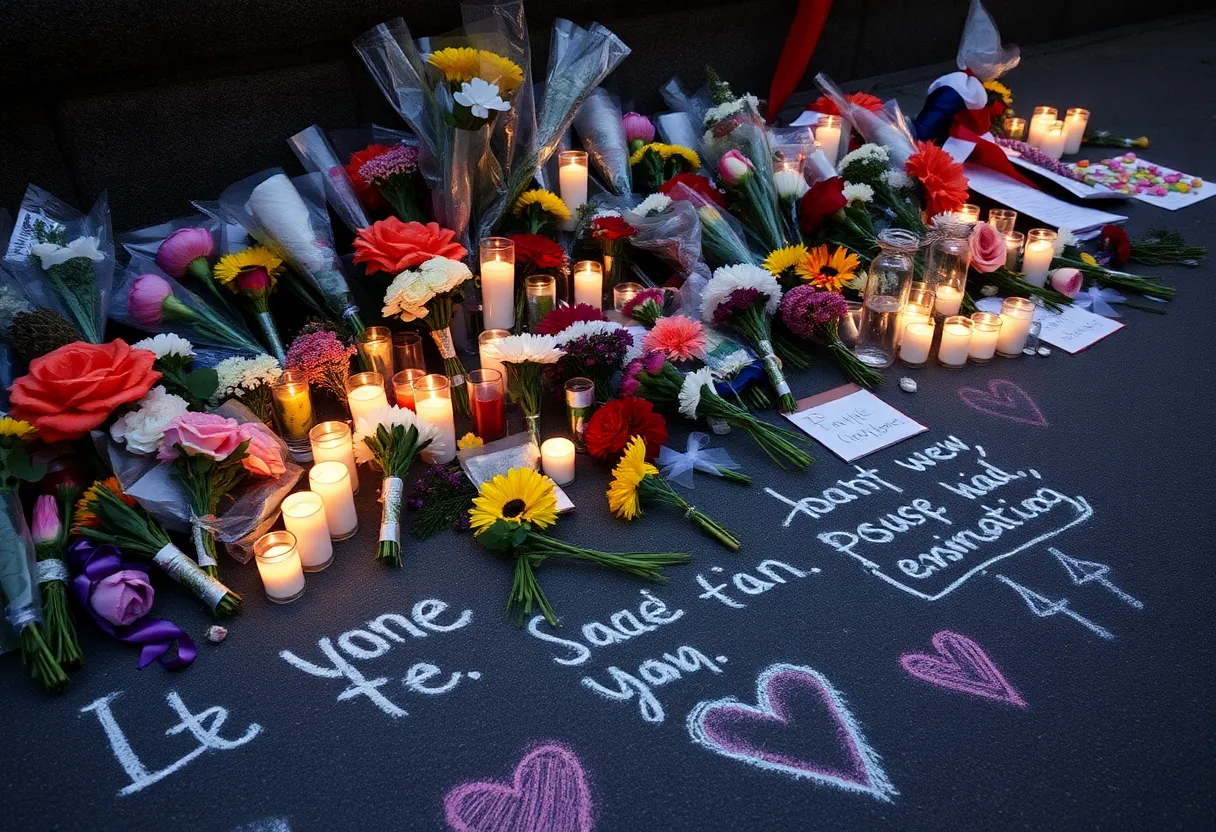 Memorial tribute with flowers and candles at the crash site