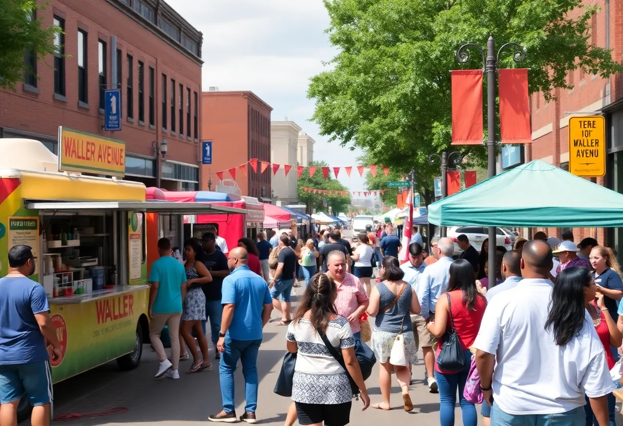 A lively street filled with people celebrating the reopening of Waller Avenue in Uptown Greenwood, featuring food trucks and local vendors.