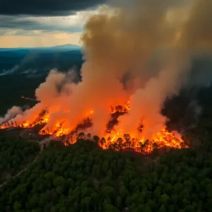 Aerial view of wildfires in North Carolina with smoke and flames