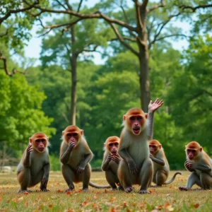 Group of Rhesus macaques playing in a tree in Yemassee, South Carolina.