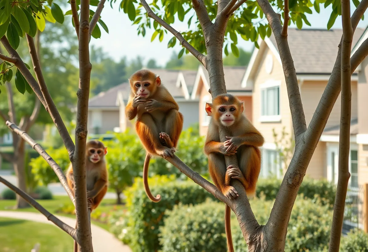 Monkeys playing in trees in a suburban neighborhood