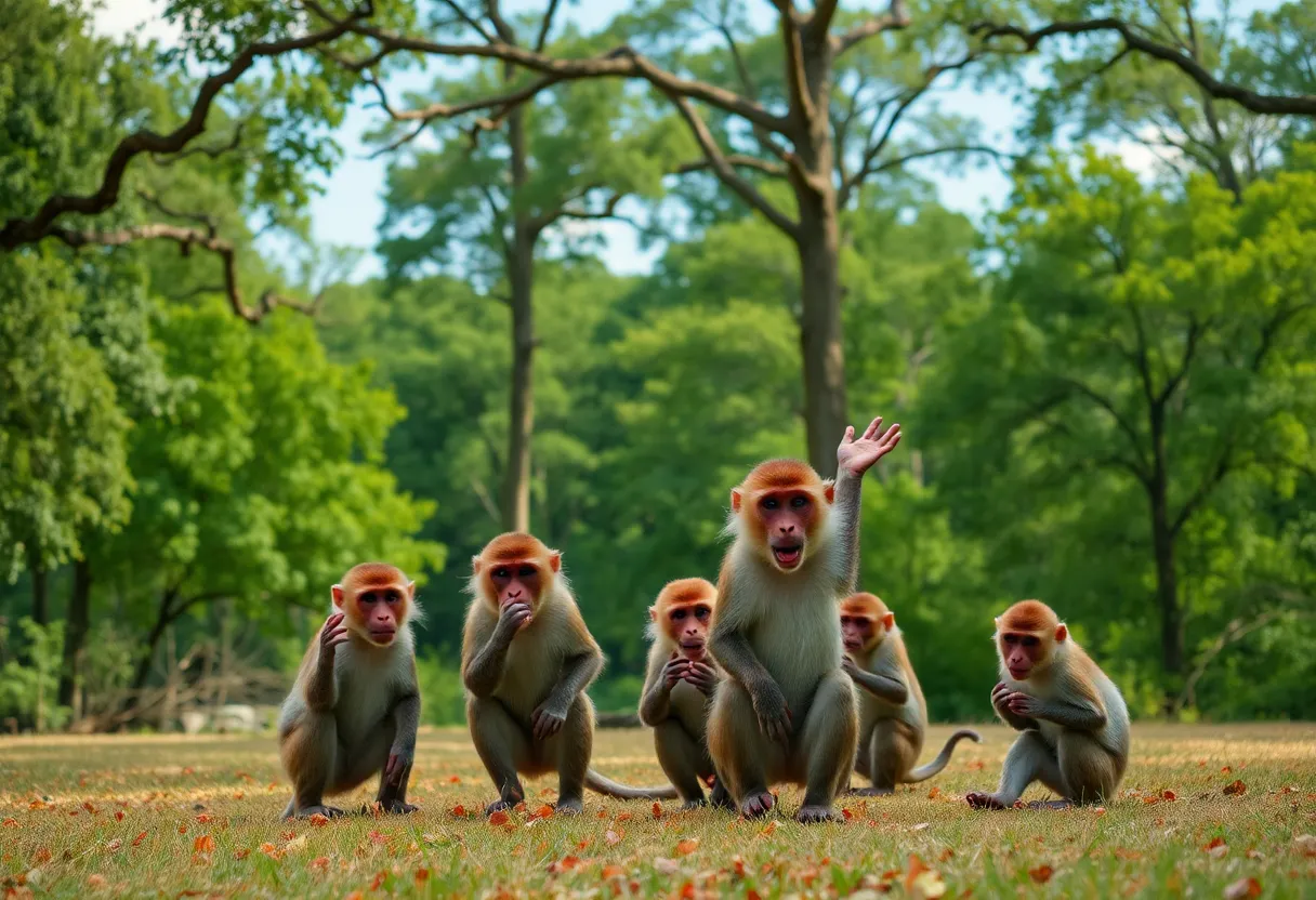 Group of Rhesus macaques playing in a tree in Yemassee, South Carolina.