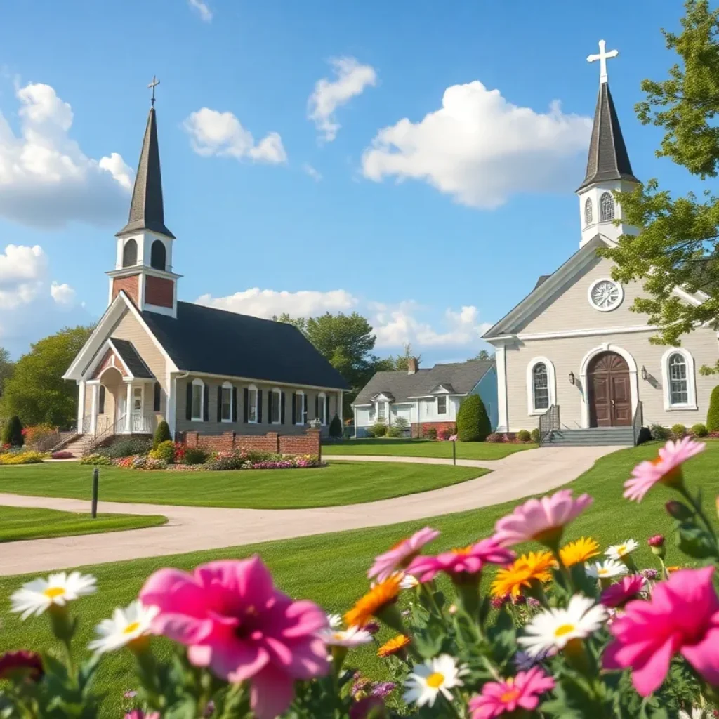 Peaceful small-town church surrounded by blooming flowers.