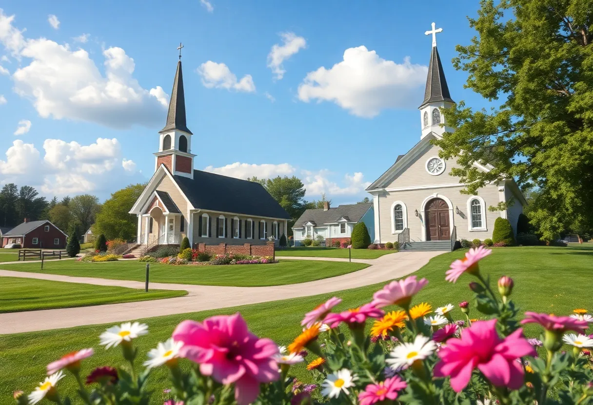 Peaceful small-town church surrounded by blooming flowers.