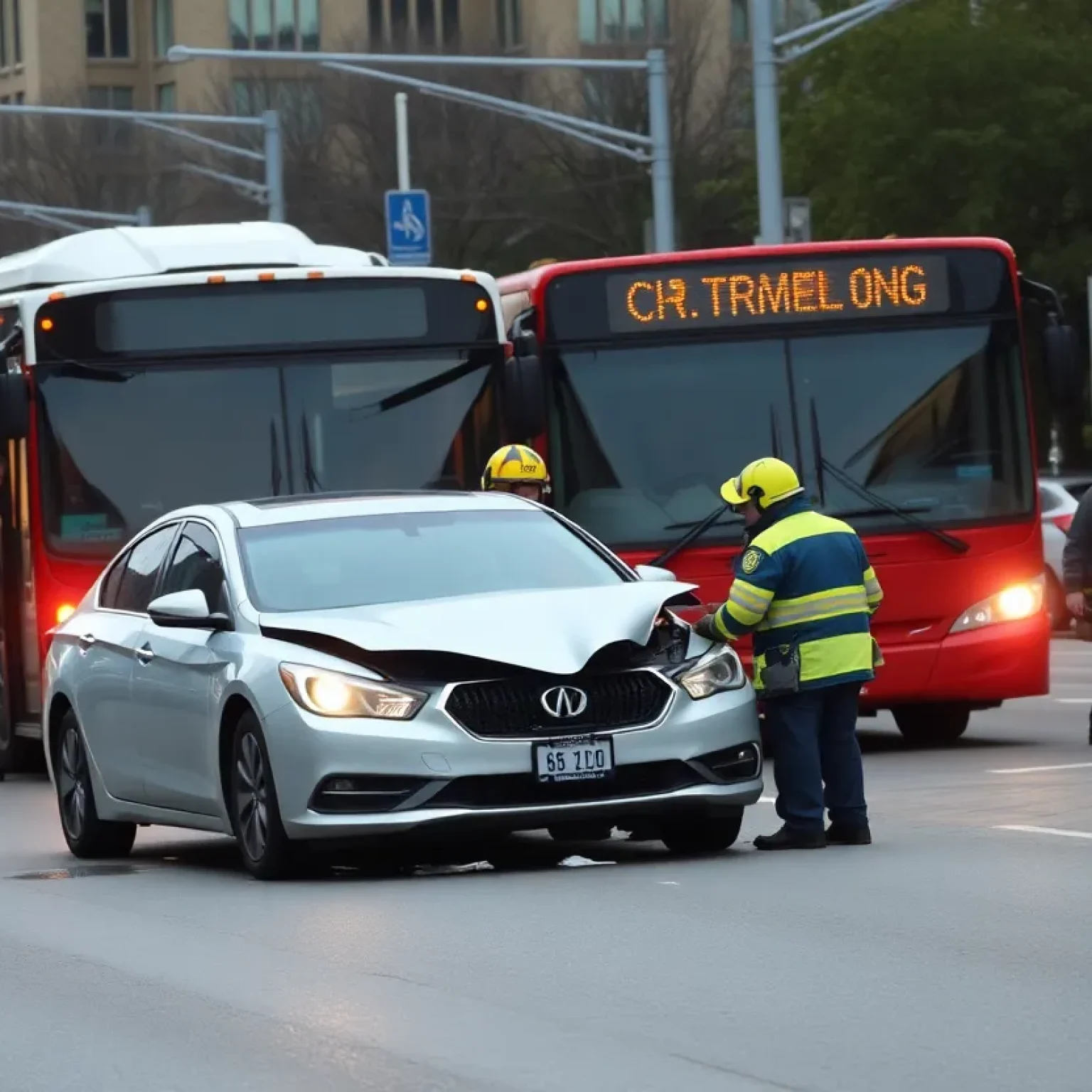 Scene of a head-on collision between a city bus and a car