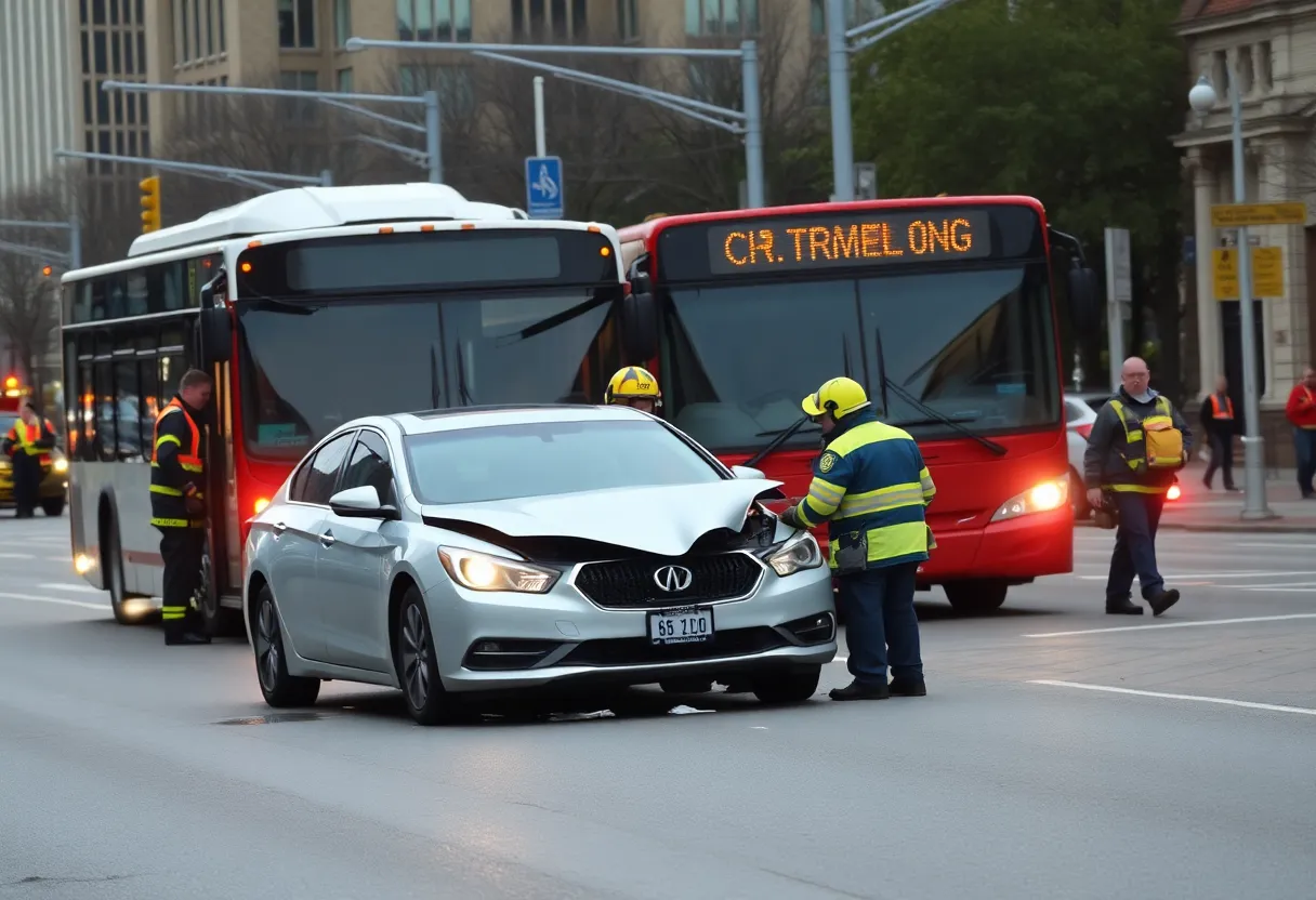 Scene of a head-on collision between a city bus and a car