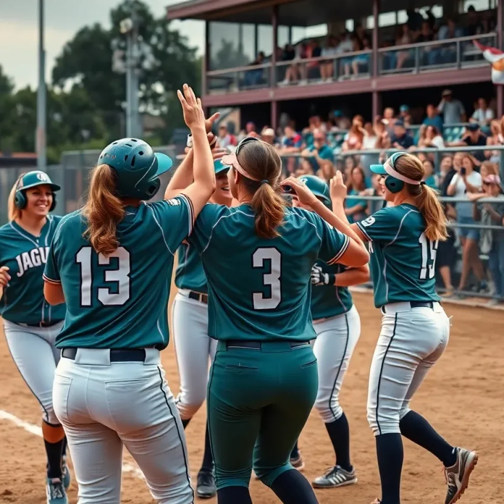 Augusta University softball team celebrating victory at Jaguar Field.