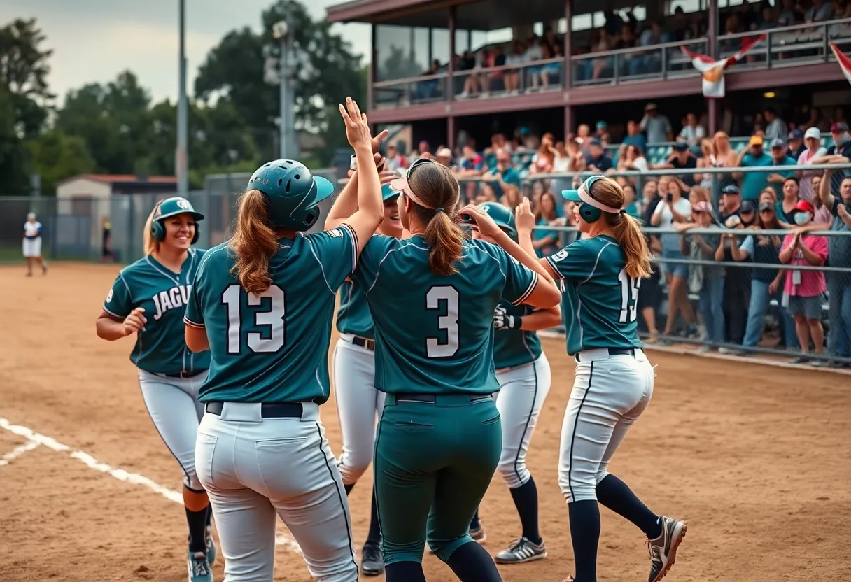 Augusta University softball team celebrating victory at Jaguar Field.