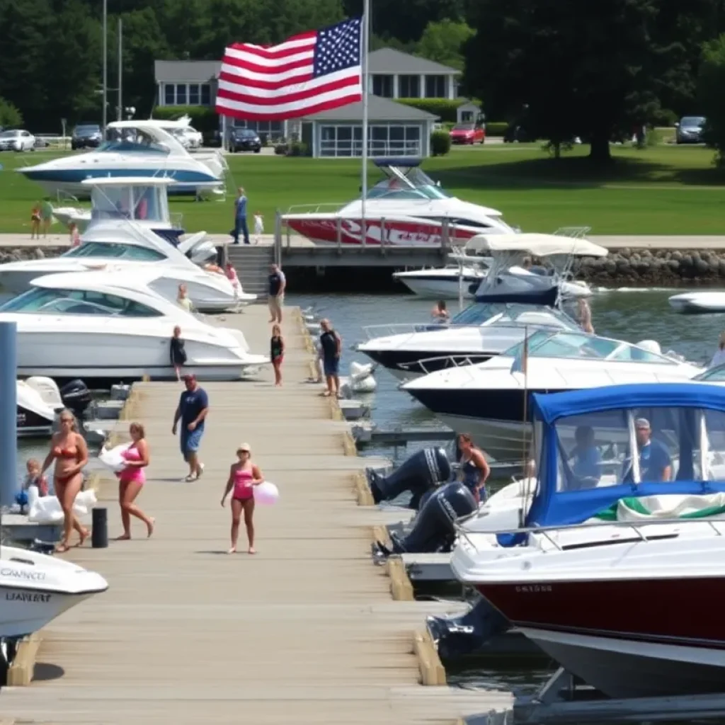Families and boats gathered at a ramp for inspections
