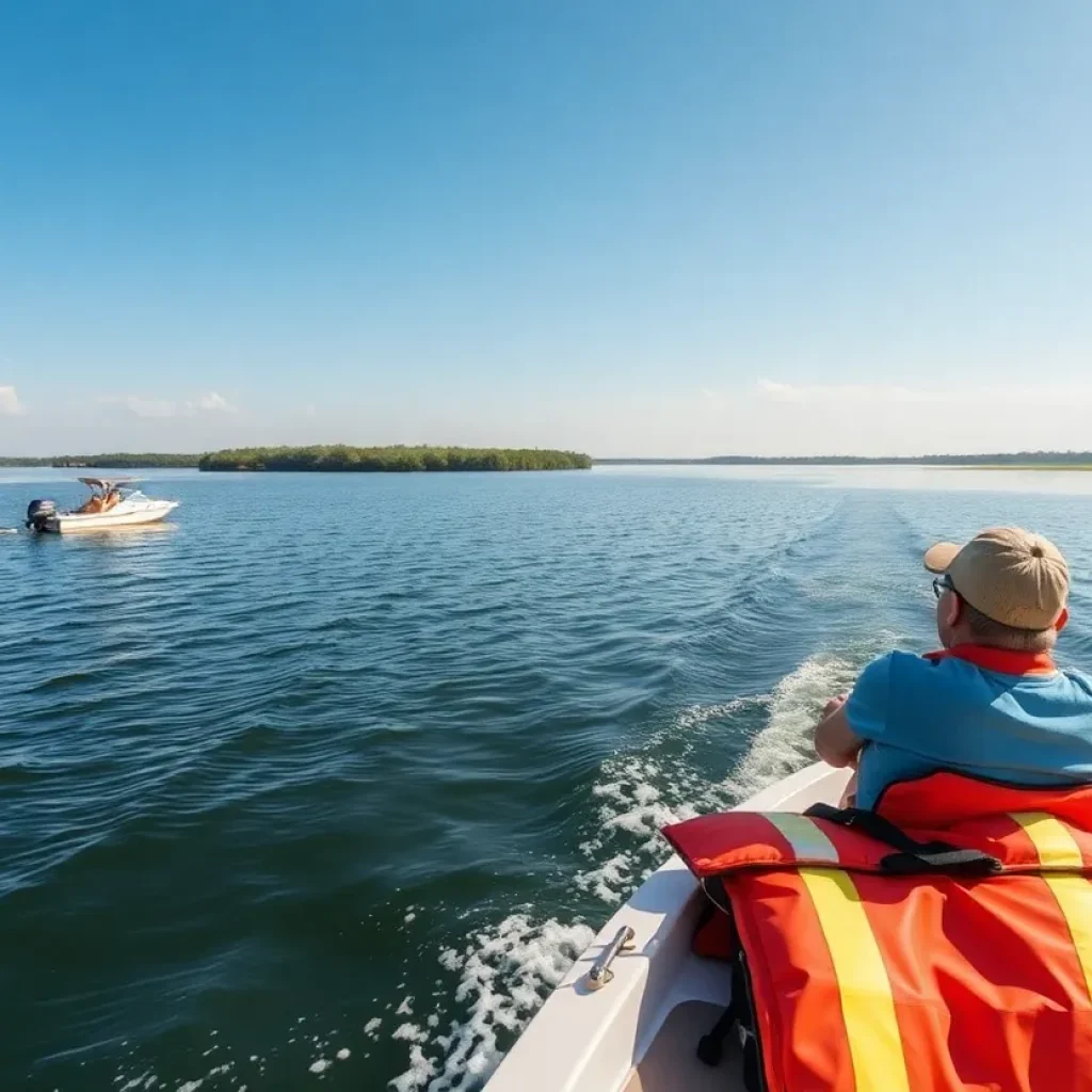 Boats on a South Carolina lake with safety gear