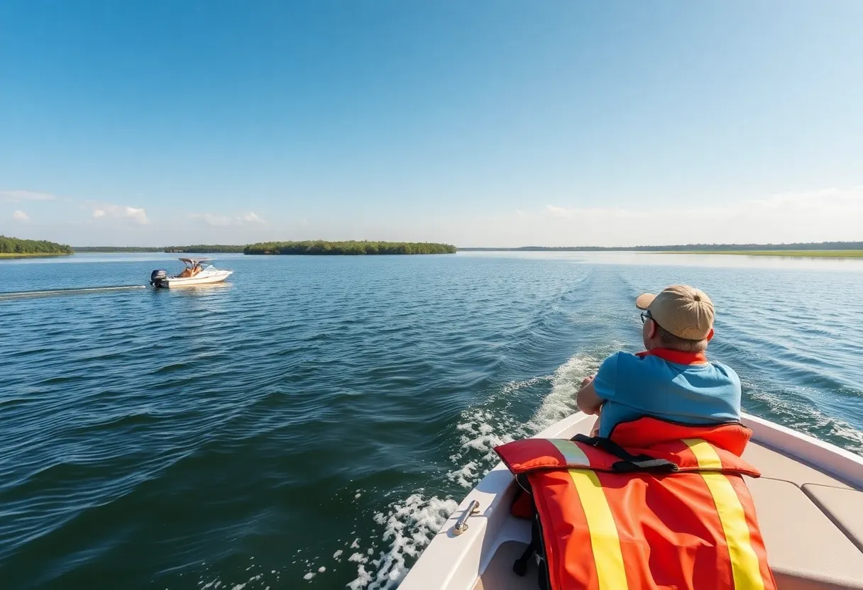 Boats on a South Carolina lake with safety gear