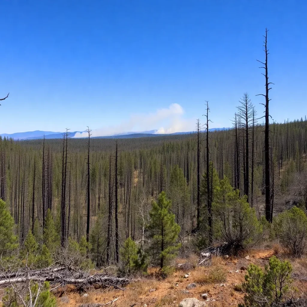 Aerial view of Carolina Forest wildfire with smoke and firefighters.