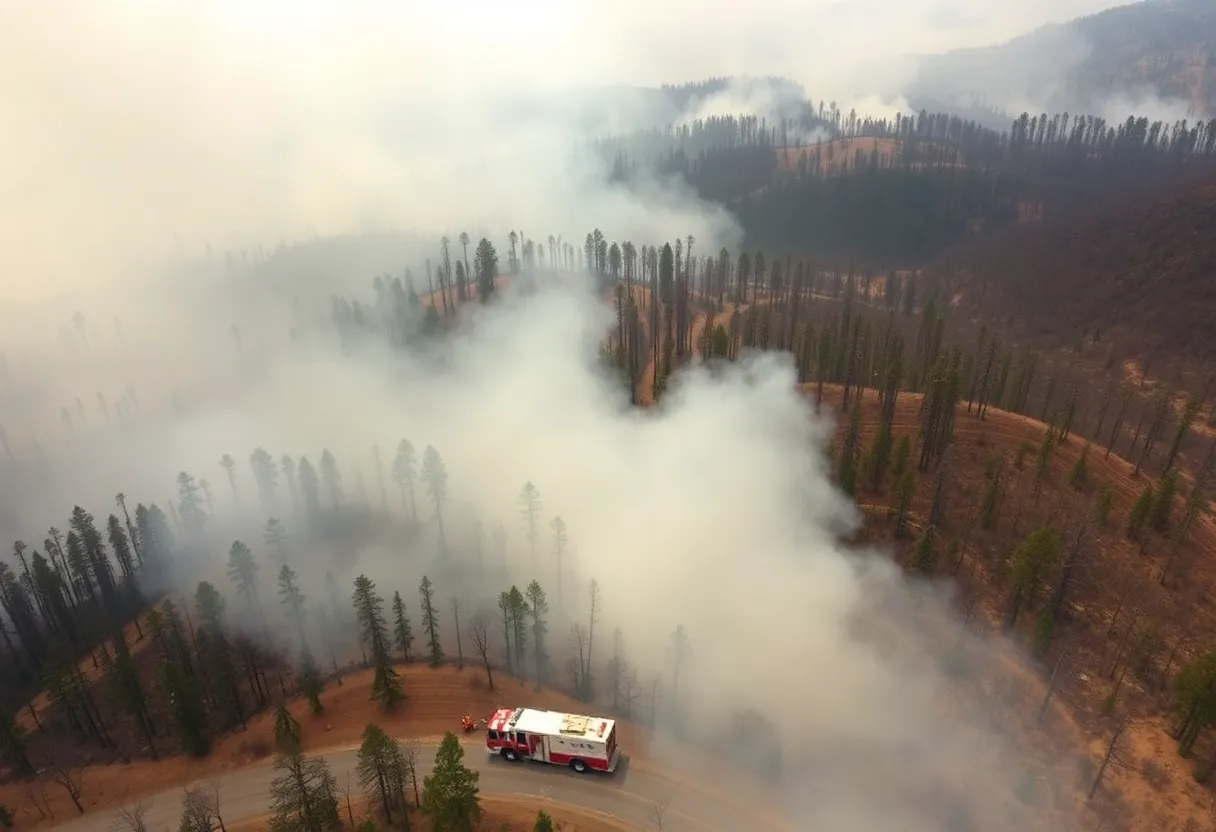 Aerial view of the Carolina Forest wildfire aftermath with visible damage and smoke.