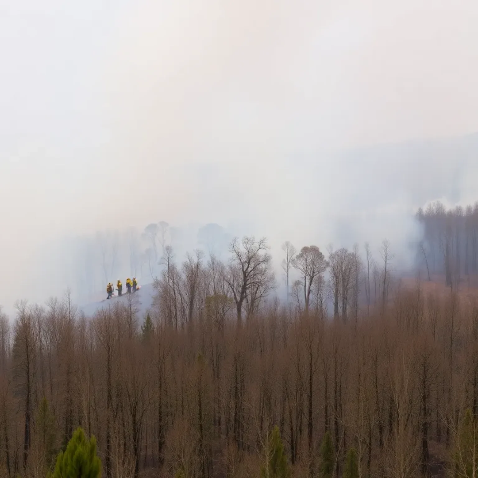 Firefighters managing containment efforts in a smoky forest area after a wildfire.