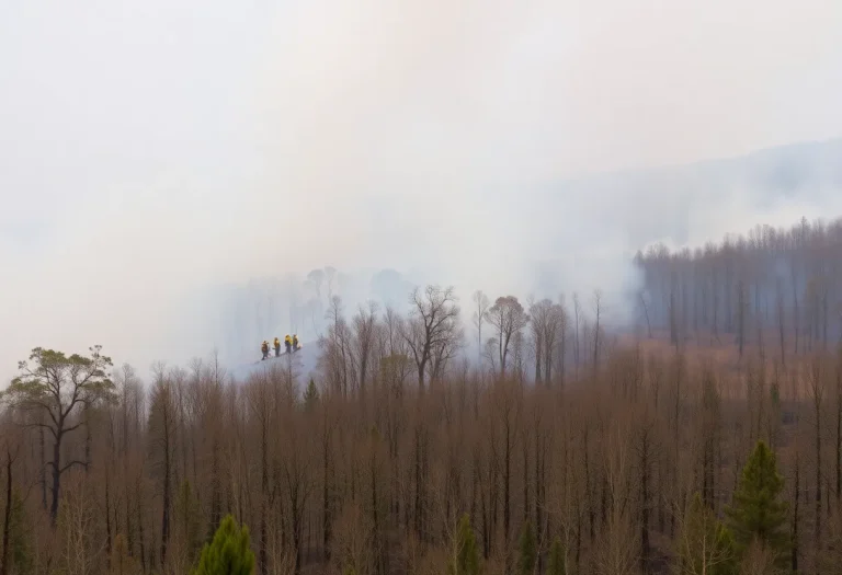 Firefighters managing containment efforts in a smoky forest area after a wildfire.