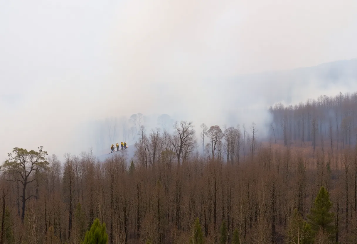Firefighters managing containment efforts in a smoky forest area after a wildfire.