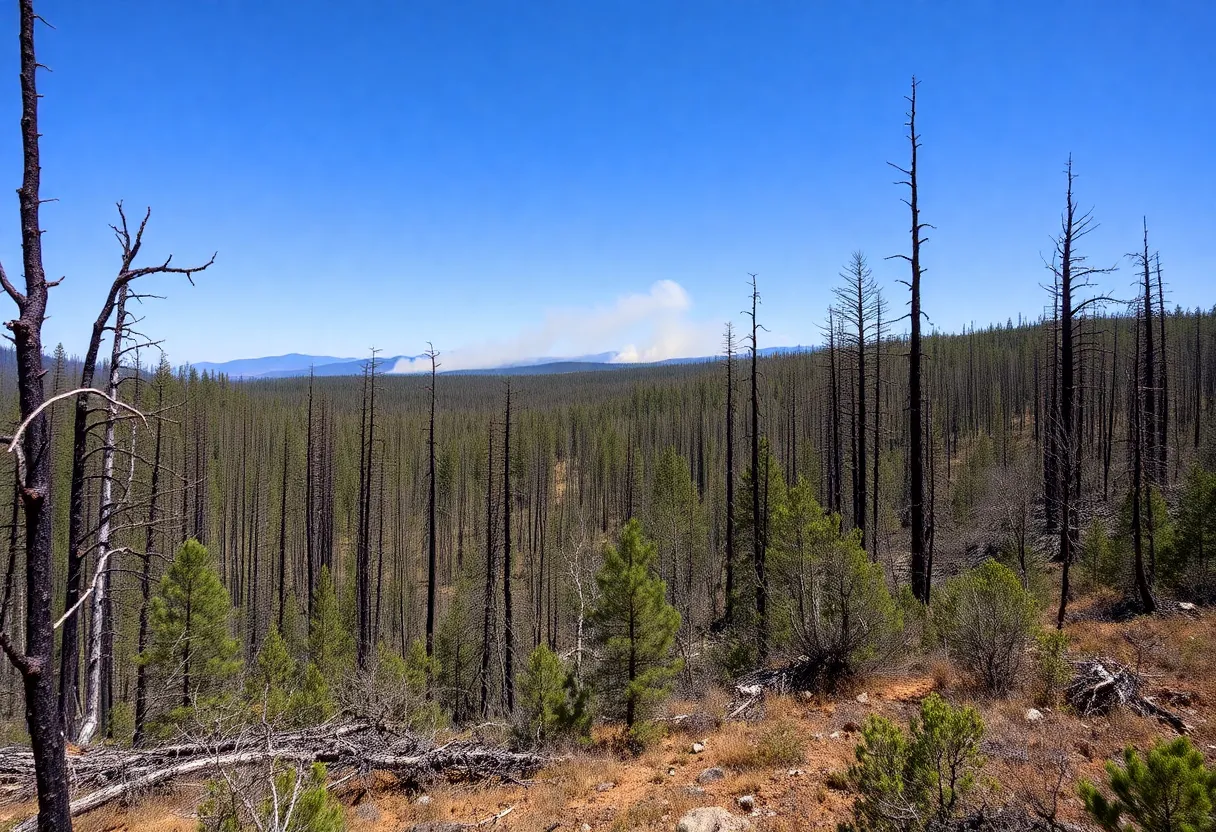 Aerial view of Carolina Forest wildfire with smoke and firefighters.