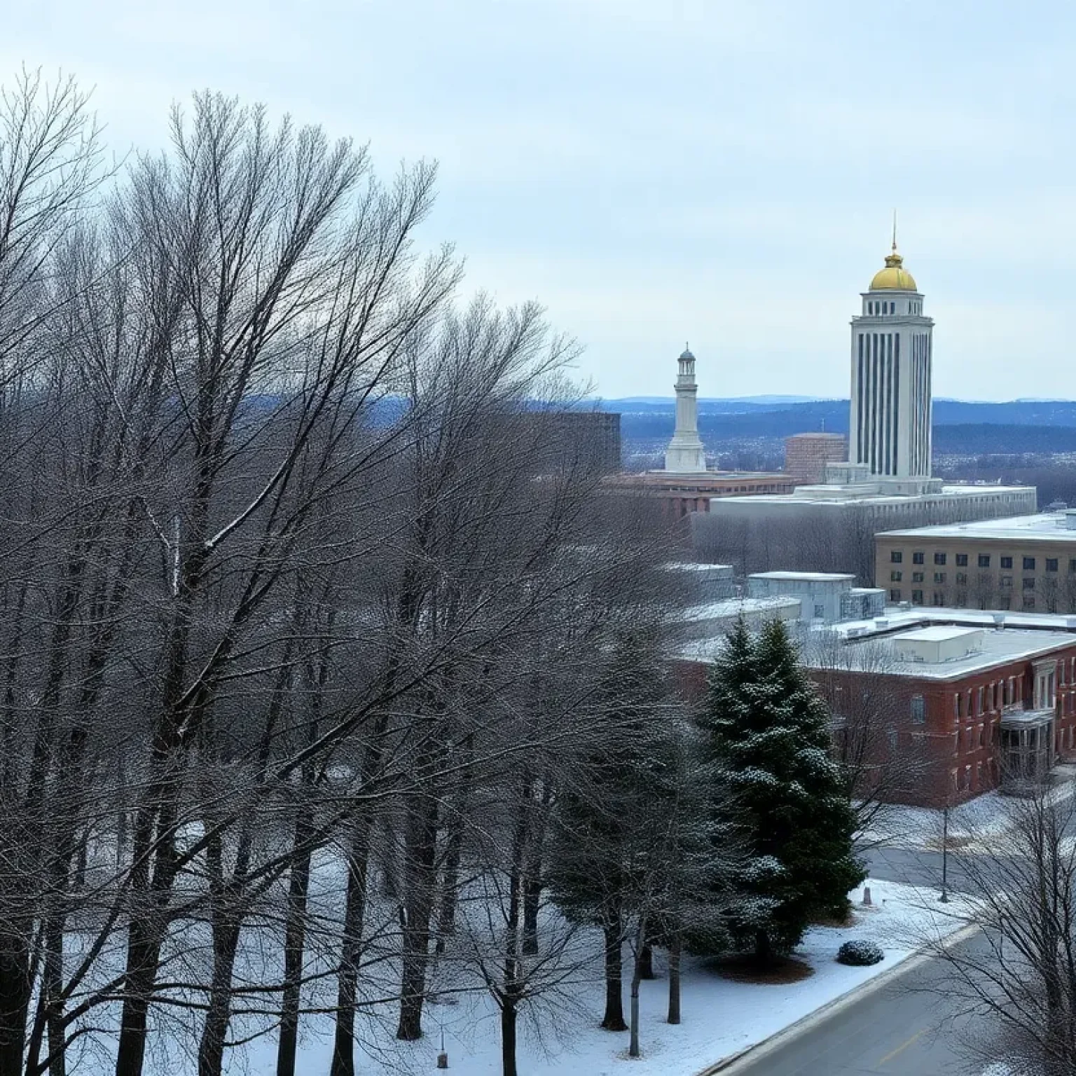 Columbia, South Carolina during winter weather with snow-covered trees.