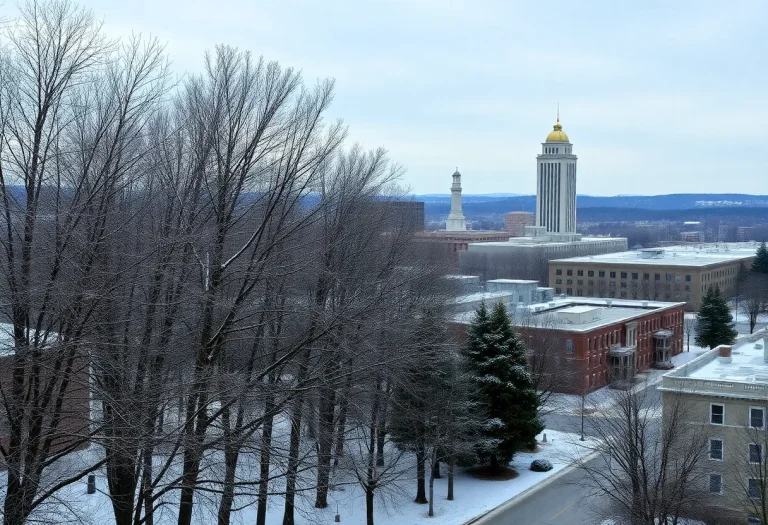 Columbia, South Carolina during winter weather with snow-covered trees.