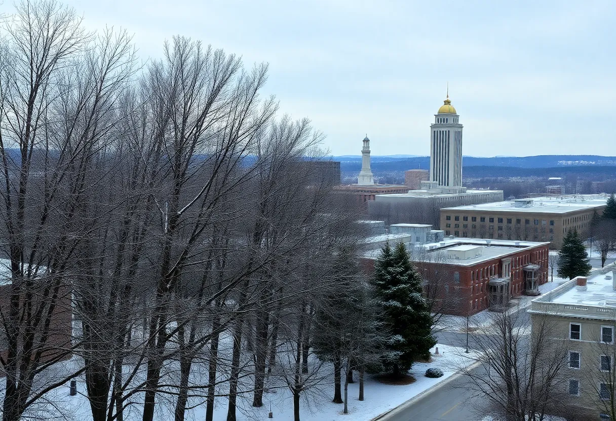 Columbia, South Carolina during winter weather with snow-covered trees.