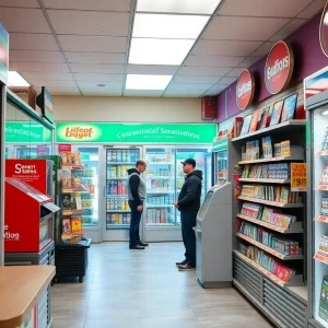 Lottery ticket display in a convenience store