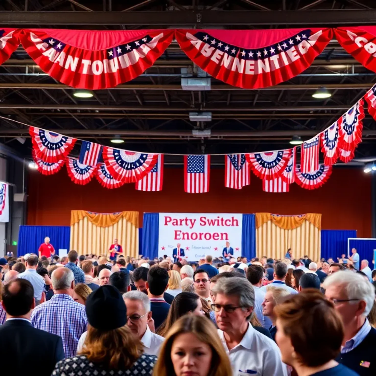 Political gathering at a GOP dinner with attendees engaged in discussion.