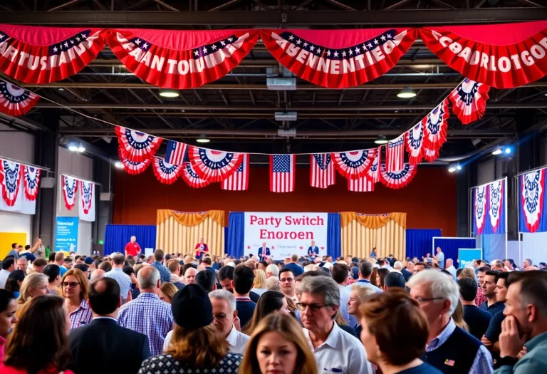 Political gathering at a GOP dinner with attendees engaged in discussion.