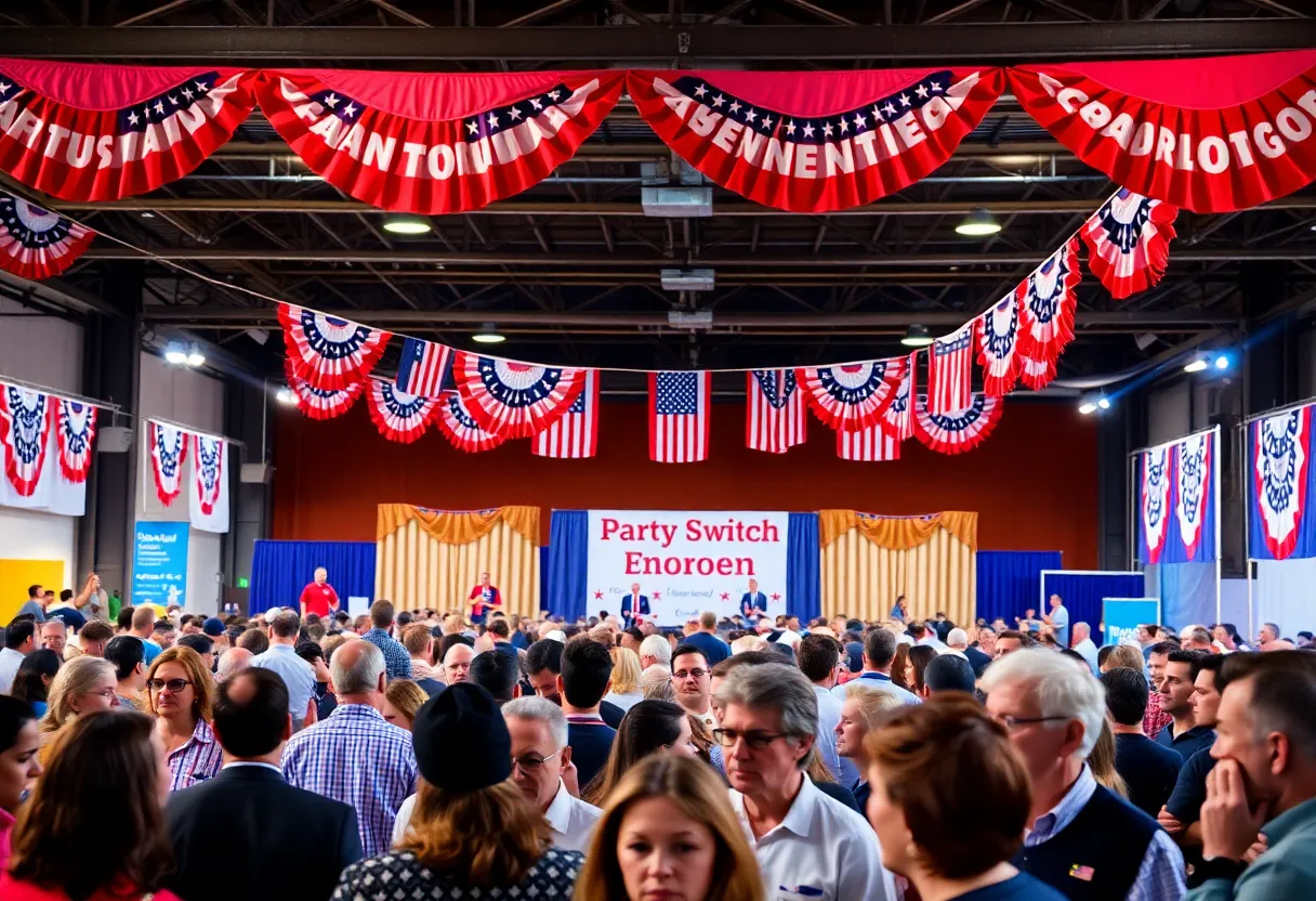Political gathering at a GOP dinner with attendees engaged in discussion.