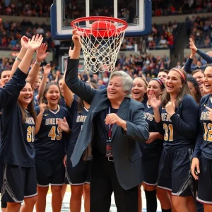Female basketball coach celebrating a victory by cutting down a net