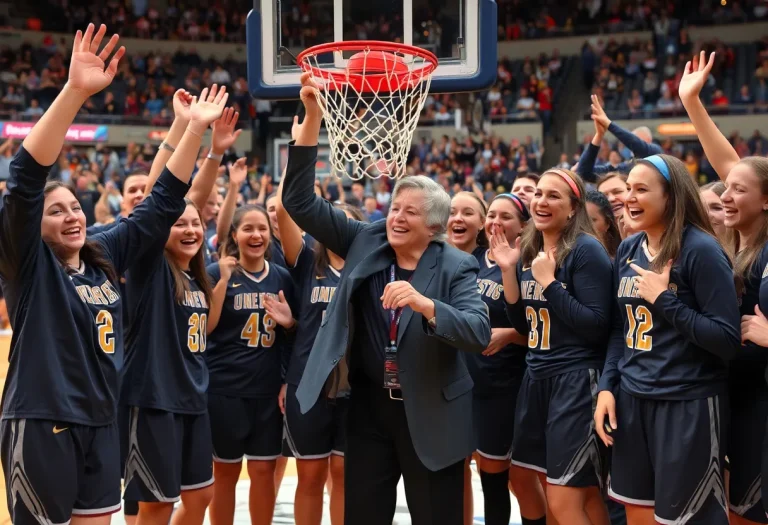 Female basketball coach celebrating a victory by cutting down a net