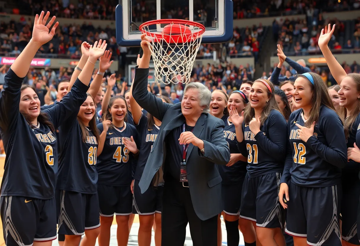 Female basketball coach celebrating a victory by cutting down a net