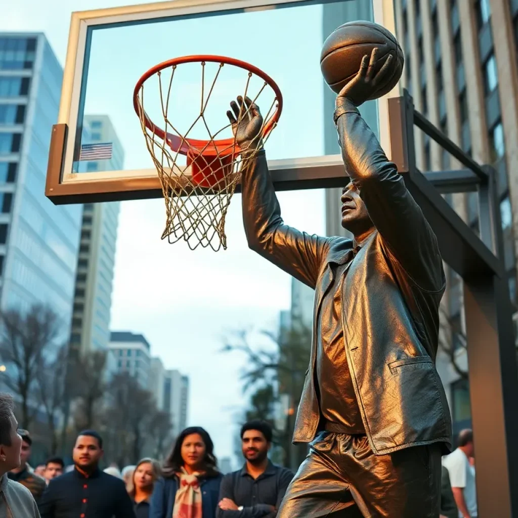 Bronze statue of a female basketball coach cutting down a net