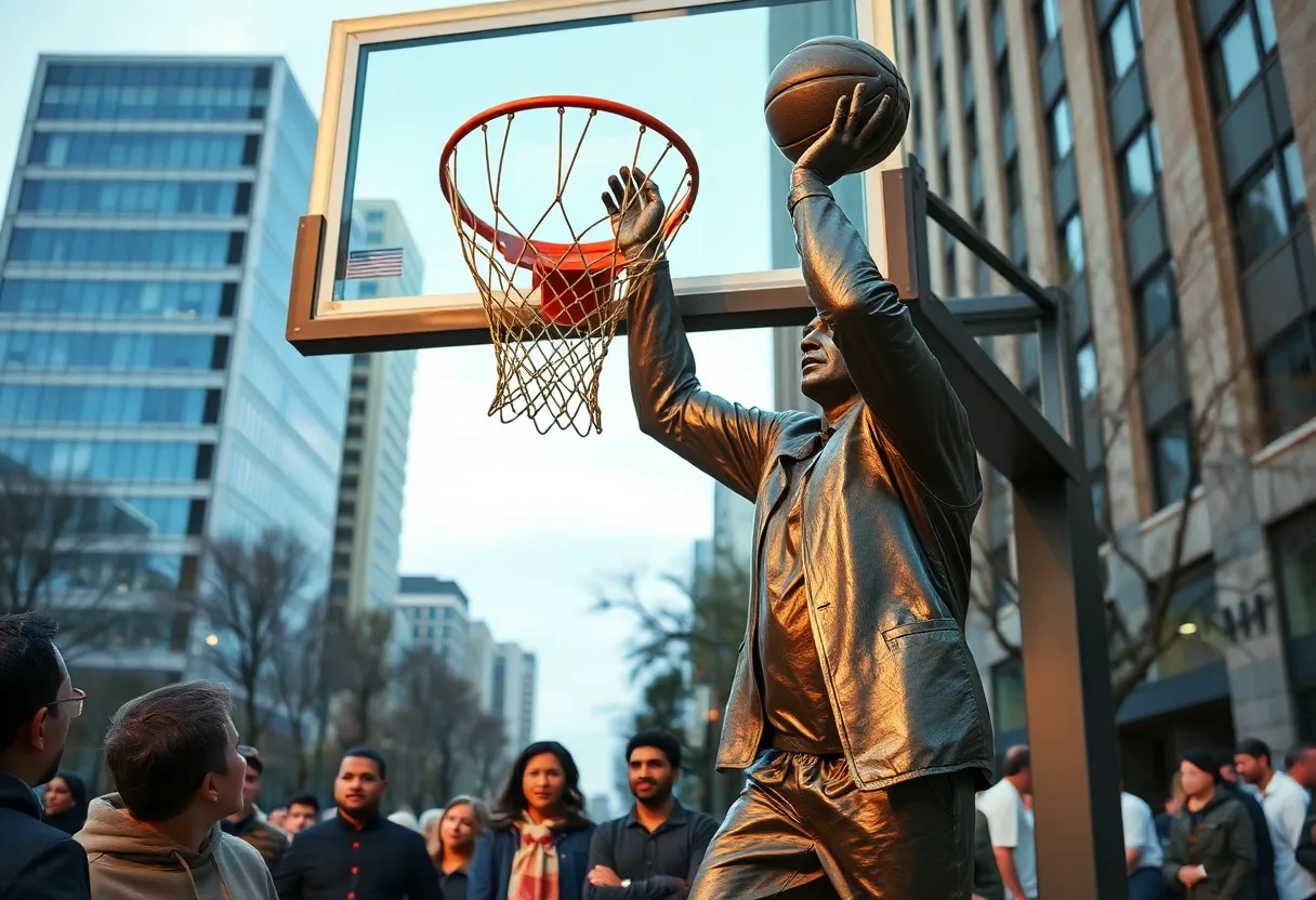 Bronze statue of a female basketball coach cutting down a net