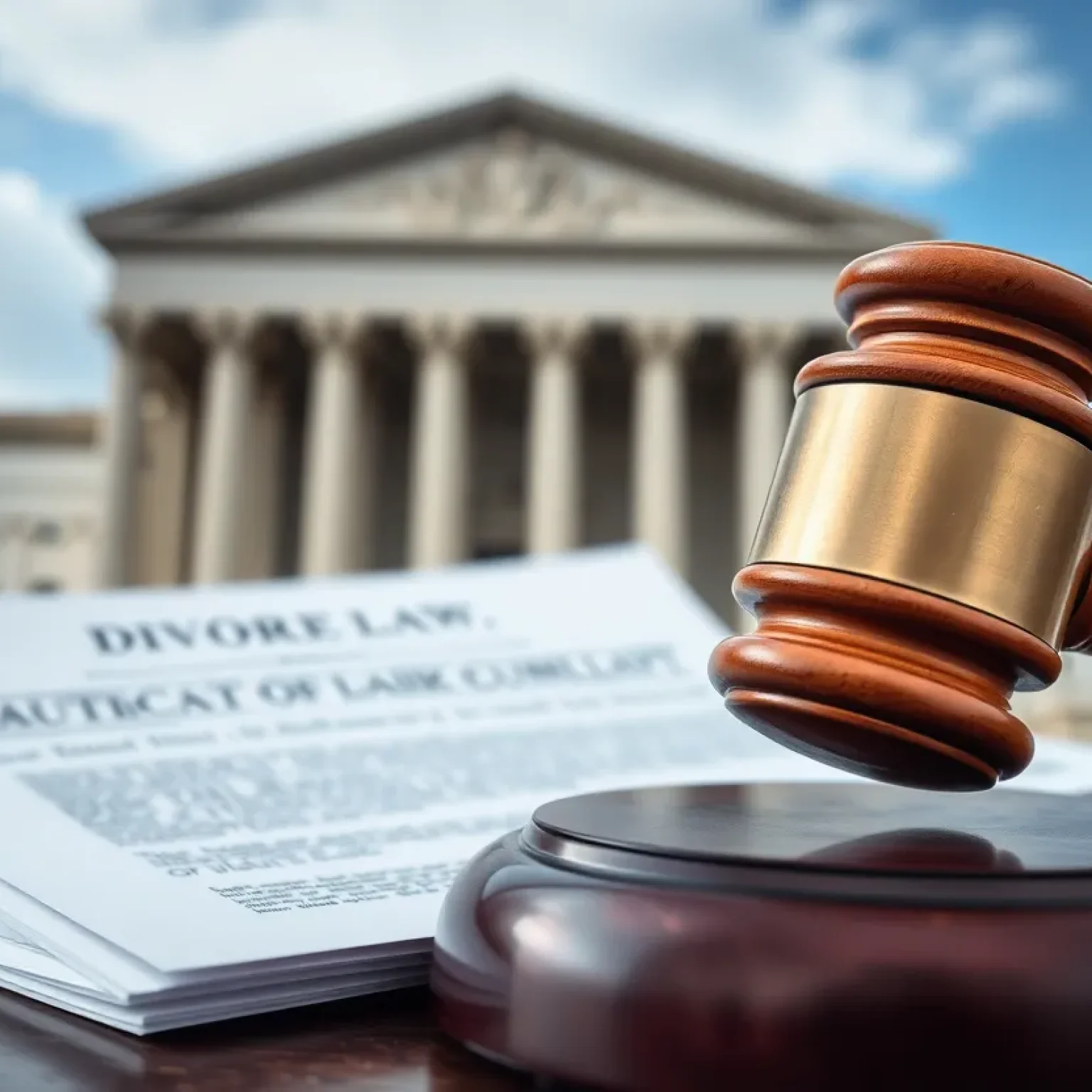 Abstract representation of legal documents and a gavel related to divorce lawsuit