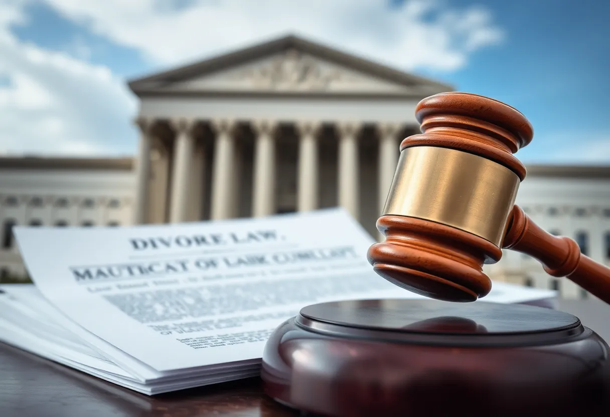 Abstract representation of legal documents and a gavel related to divorce lawsuit