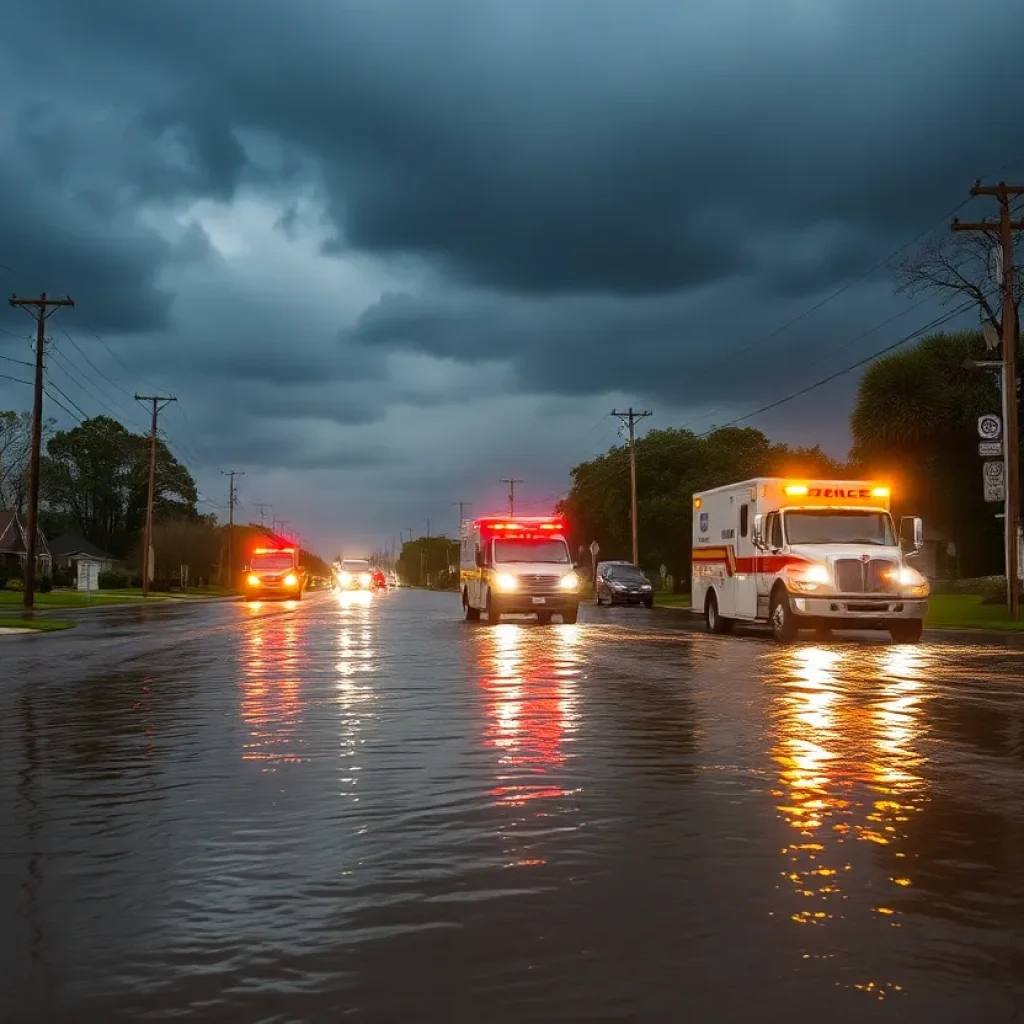 A flooded street in Abbeville, SC during severe weather