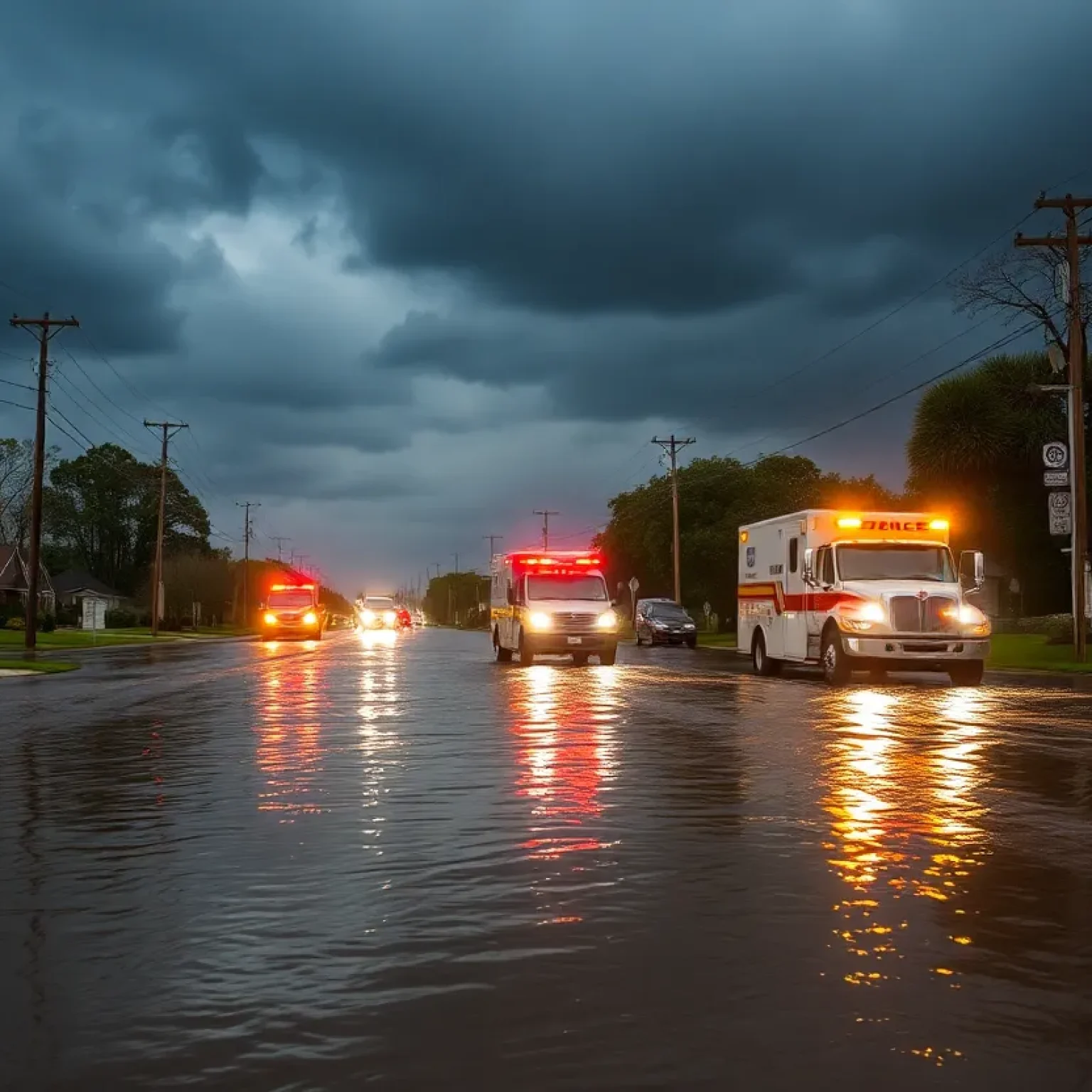 A flooded street in Abbeville, SC during severe weather
