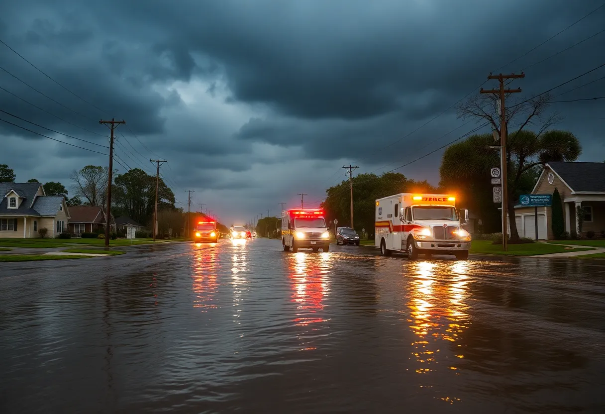 A flooded street in Abbeville, SC during severe weather