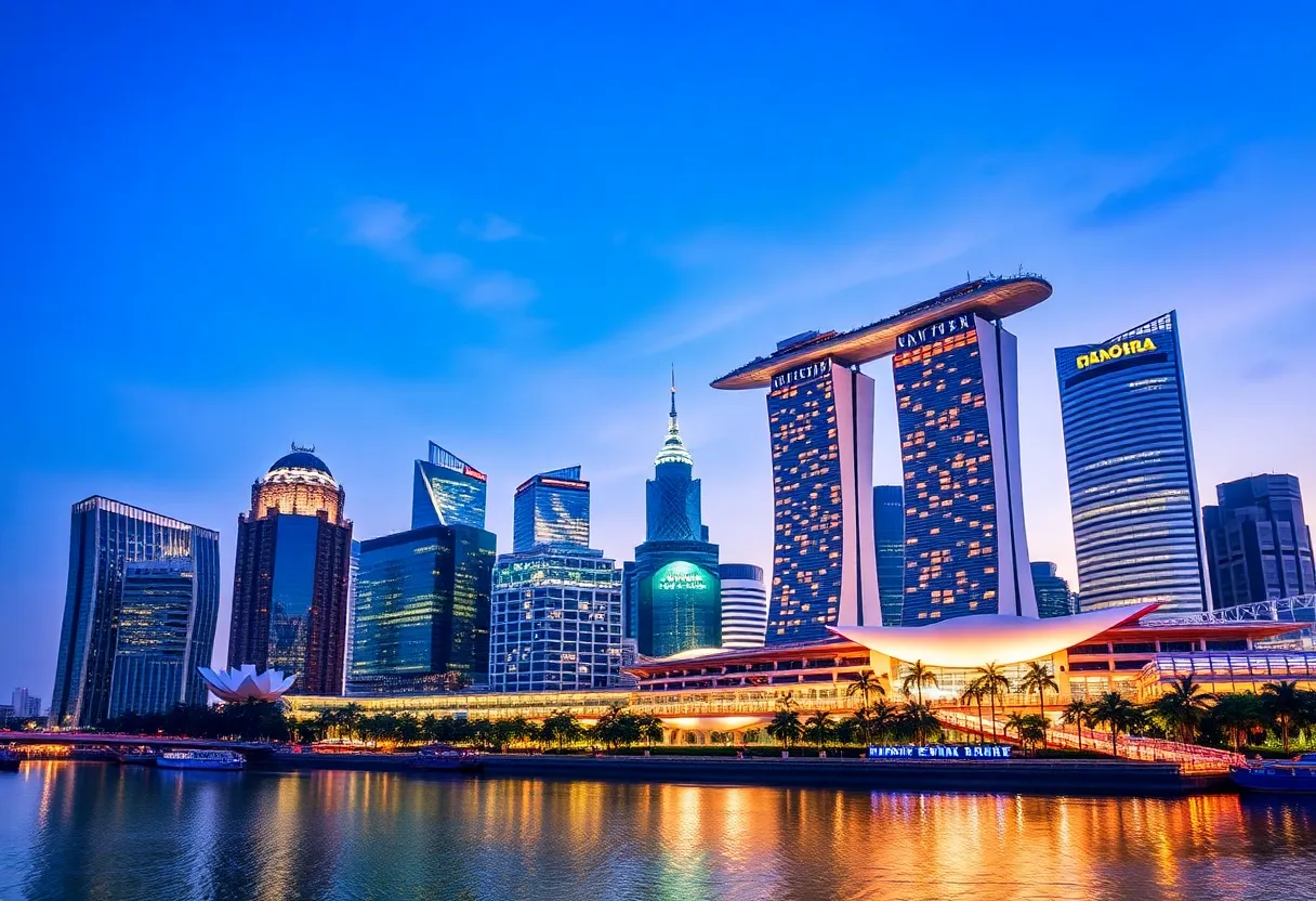 The skyline of Singapore with a focus on Frasers Hospitality Trust