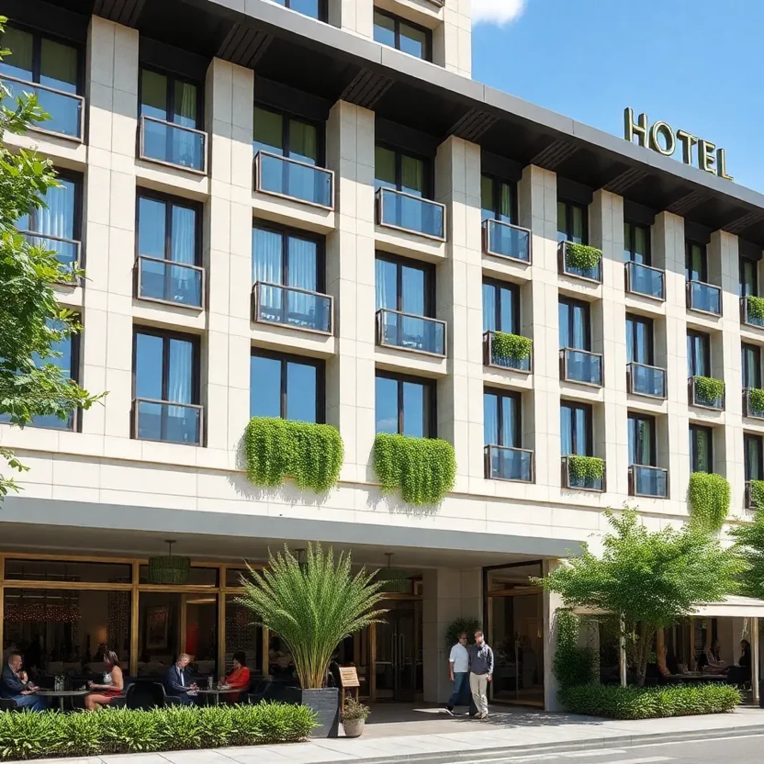 A modern hotel showcasing contemporary architecture in a vibrant environment.