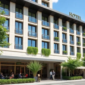 A modern hotel showcasing contemporary architecture in a vibrant environment.
