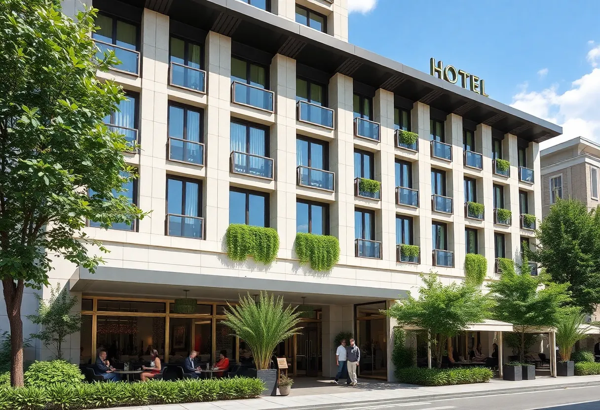 A modern hotel showcasing contemporary architecture in a vibrant environment.
