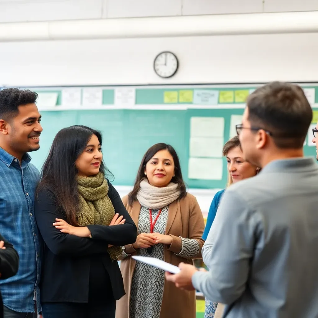 Community members interacting with educators in a school meeting