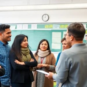 Community members interacting with educators in a school meeting