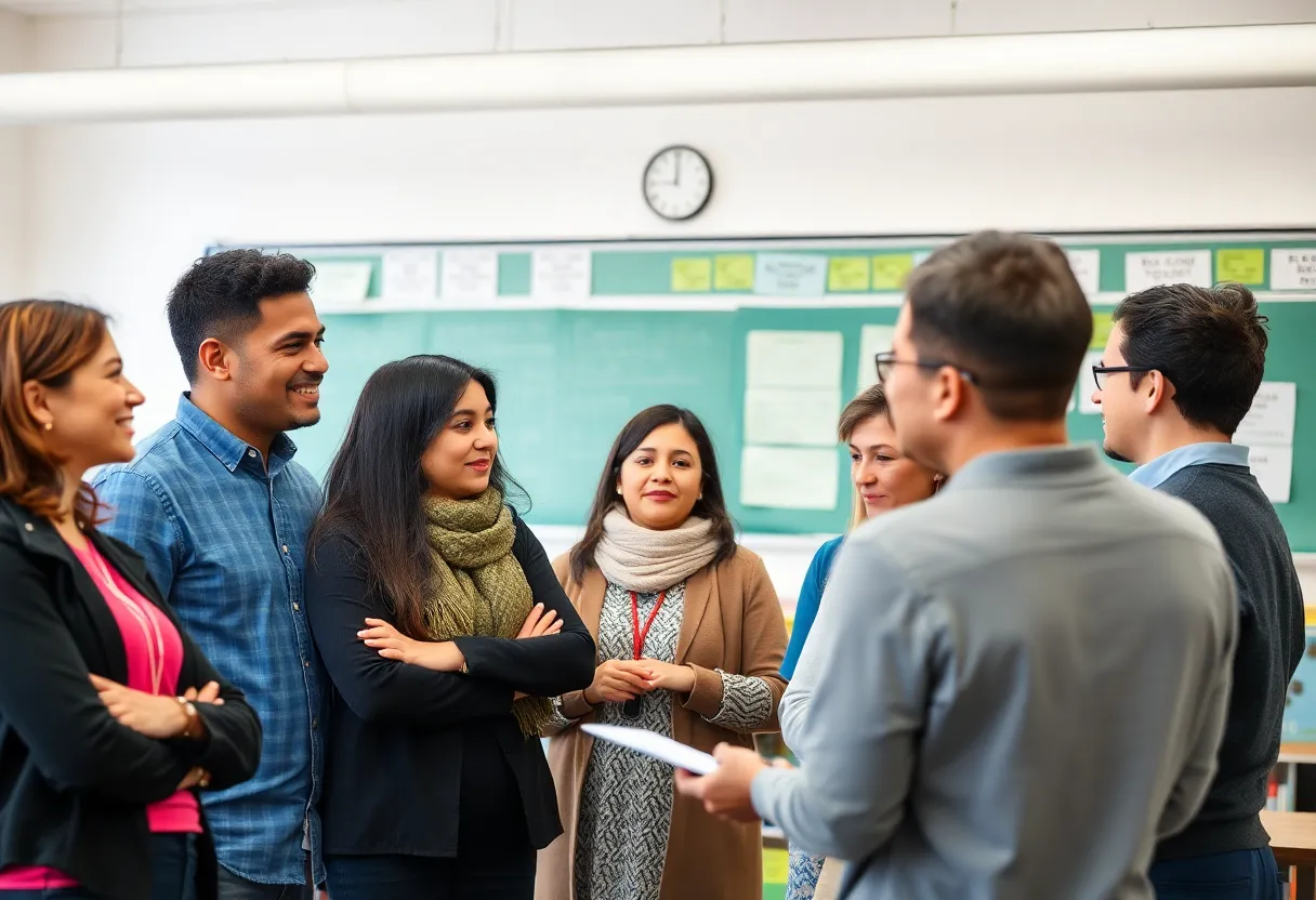 Community members interacting with educators in a school meeting