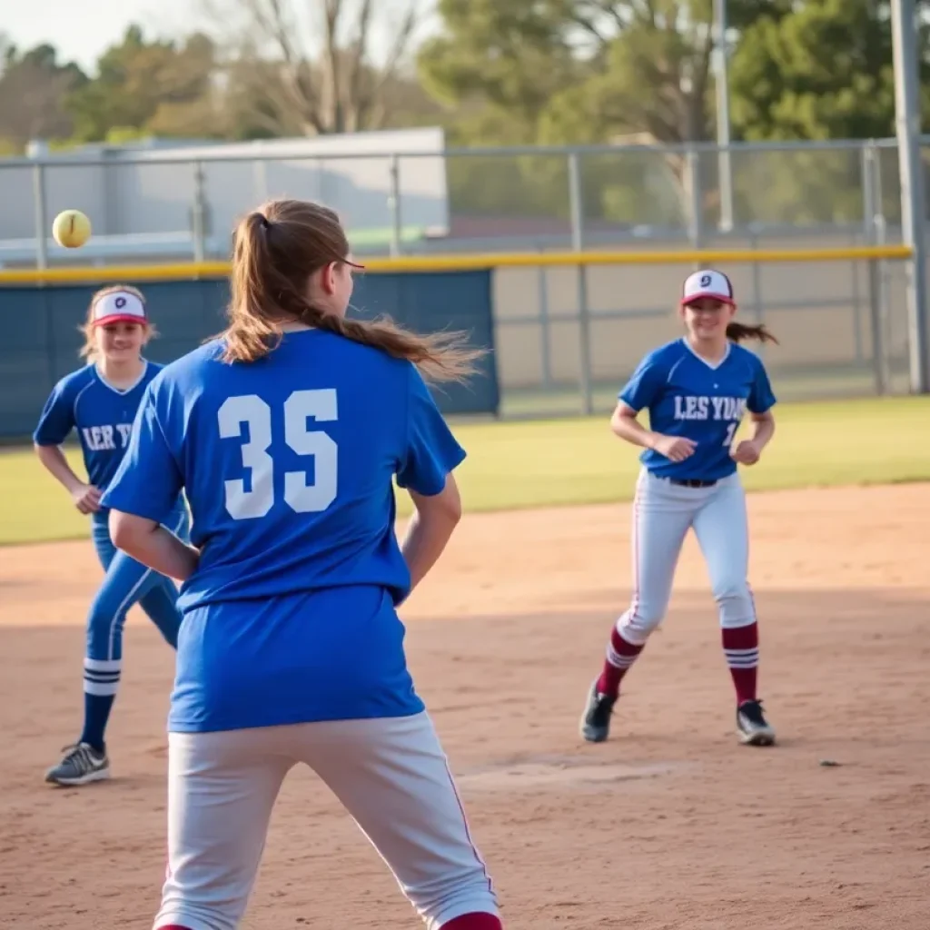 Athletes playing high school softball on a sunny day.