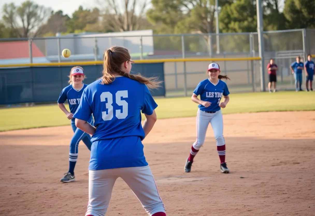 Athletes playing high school softball on a sunny day.